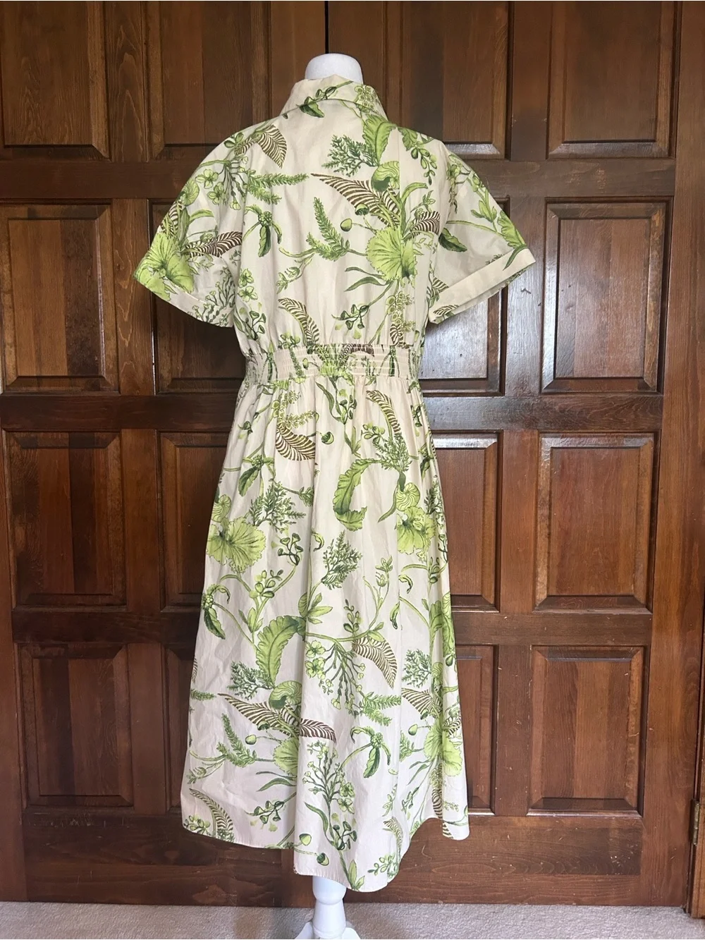 Talbots Modern Poplin Smocked Midi Shirt Dress 12P Branching Floral Green Cotton